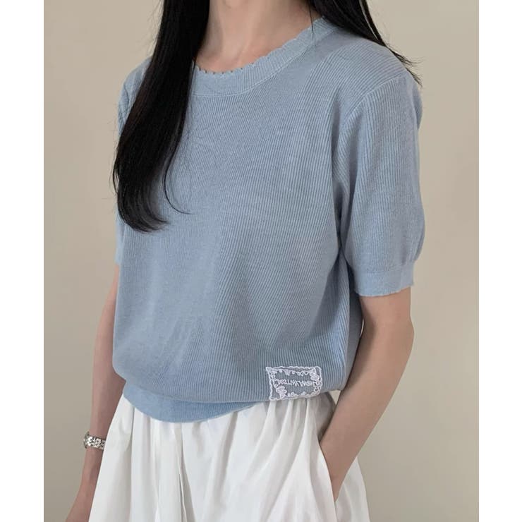 【在庫有】 ワッペン付きクルーネック半袖ニットトップス[品番：XT000013671 トップス