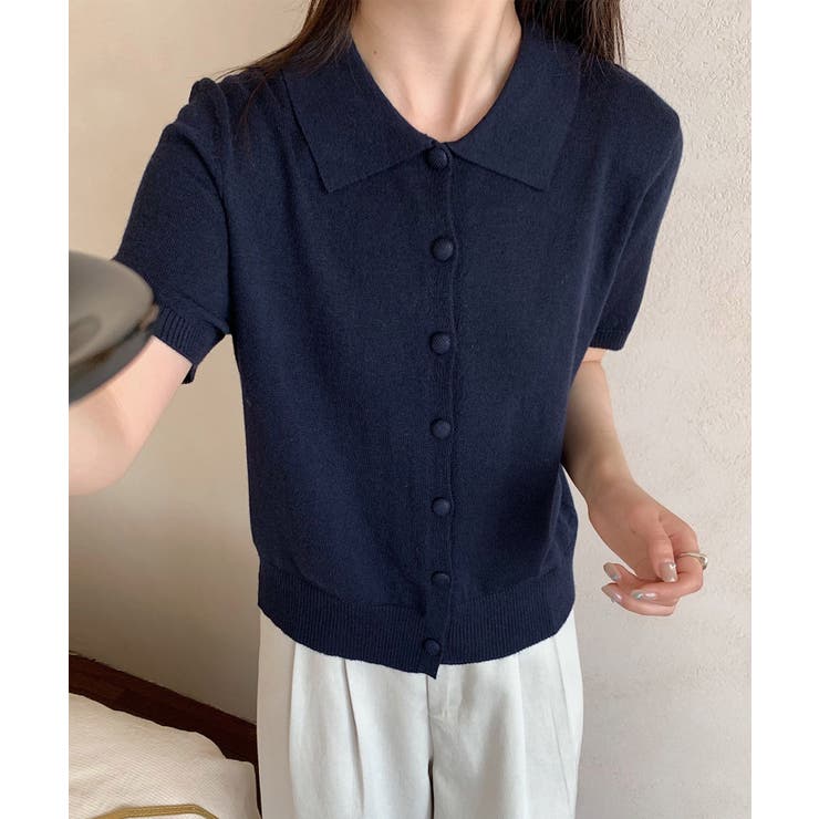 ポロ襟ボタン付き半袖ニットトップス[品番：XT000013673