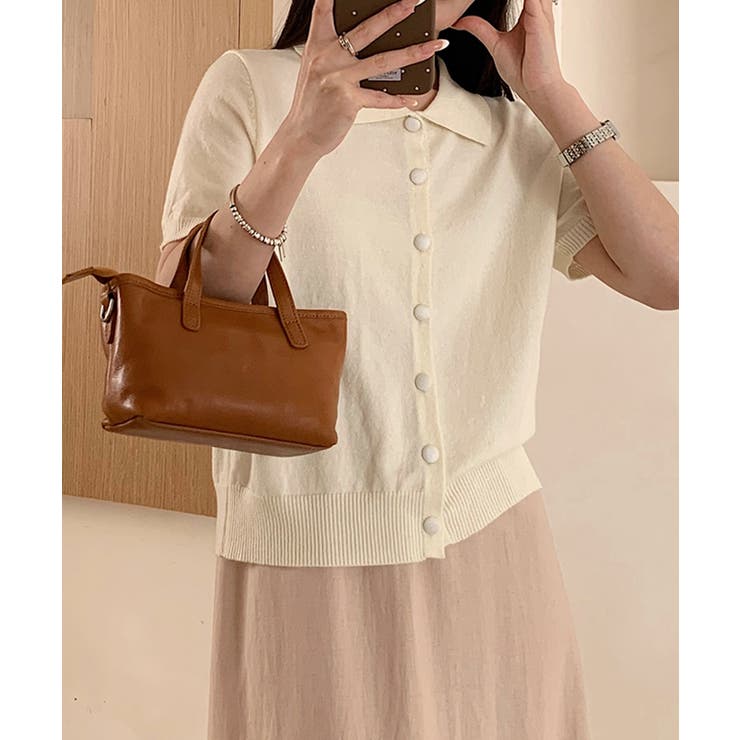 ライトベージュ | ポロ襟ボタン付き半袖ニットトップス | aimoha 