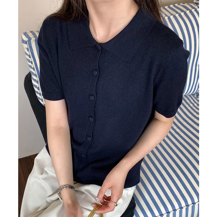 ポロ襟ボタン付き半袖ニットトップス[品番：XT000013673