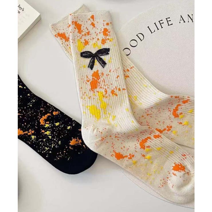 ホワイト | 【MOSOX】幅広リボン×ペイントスプラッシュリブクルーソックス | aimoha 