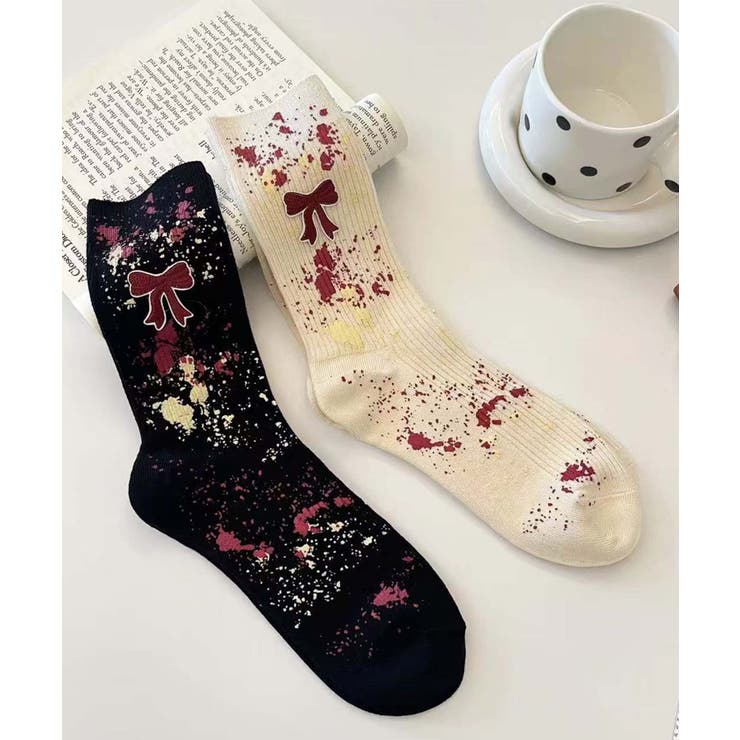 【MOSOX】リボン×ペイントスプラッシュリブクルーソックス | aimoha  | 詳細画像1 