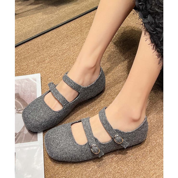 グレー | 【shoes 365】ダブルストラップフラットシューズ パンプス | aimoha 