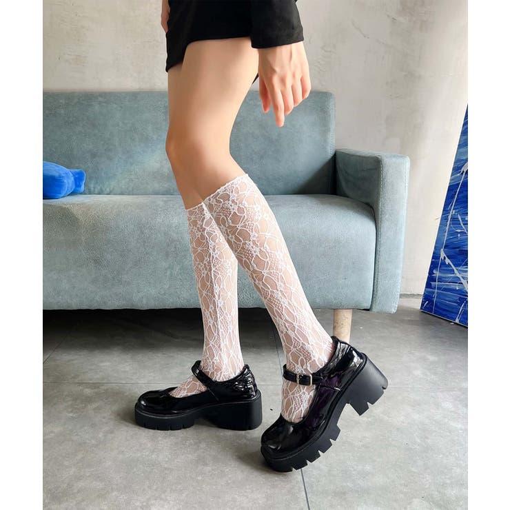 MOSOX】透かし柄レースのハイソックス[品番：XT000013881