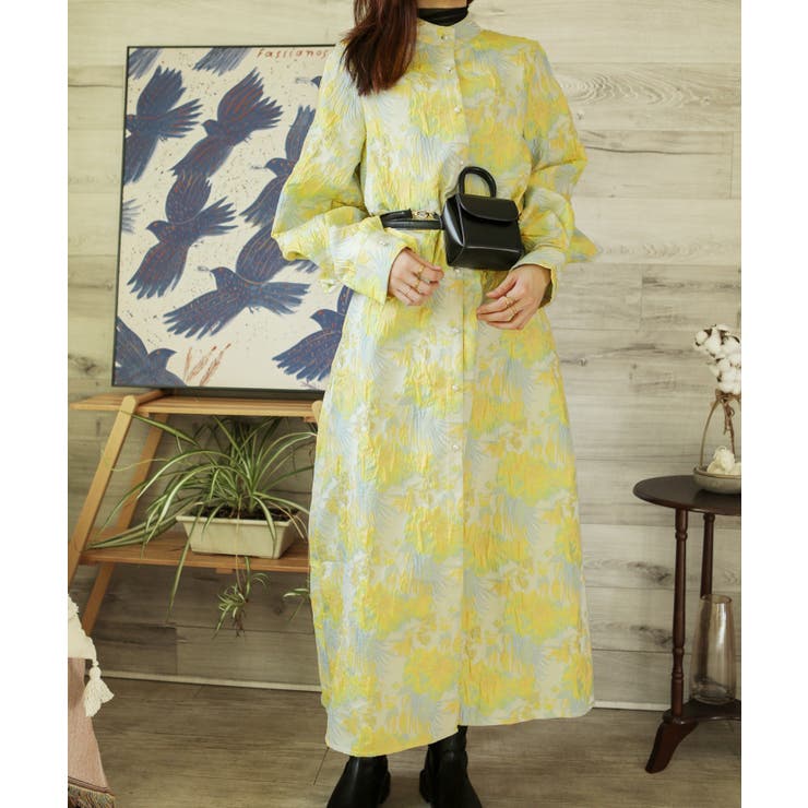 イエロー(花) | ニュアンスカラースタンドカラーワンピース スタンドカラーワンピース | aimoha 