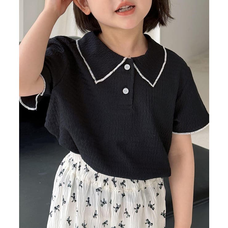 【aimoha-KIDS-】配色裾メロウ半袖ニットポロシャツ ブラウス | aimoha kids | 詳細画像1 