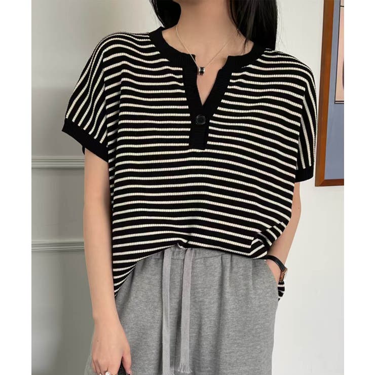 ブラック | 【aimoha】Yヘンリーネックボーダーリラックスプルオーバー | aimoha 