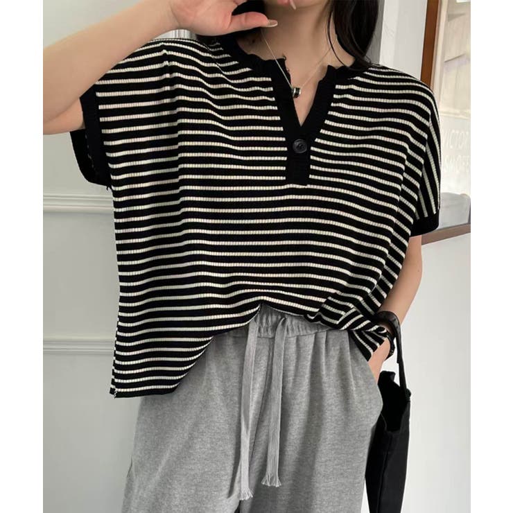 【aimoha】Yヘンリーネックボーダーリラックスプルオーバー | aimoha  | 詳細画像1 