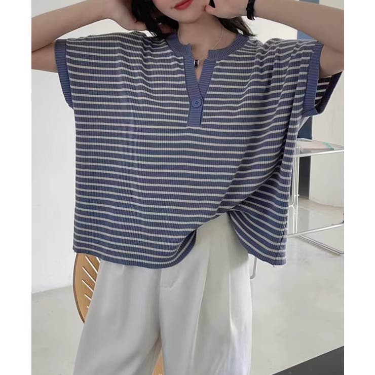 ブルー | 【aimoha】Yヘンリーネックボーダーリラックスプルオーバー | aimoha 