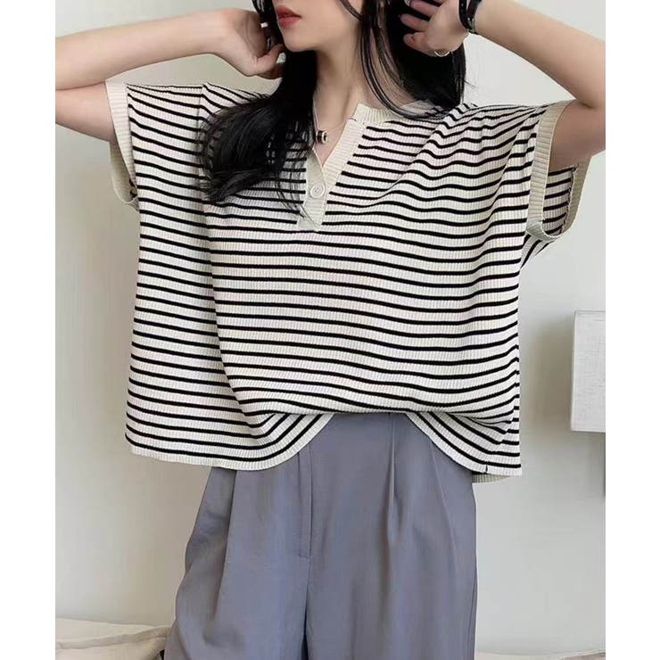 ライトベージュ | 【aimoha】Yヘンリーネックボーダーリラックスプルオーバー | aimoha 