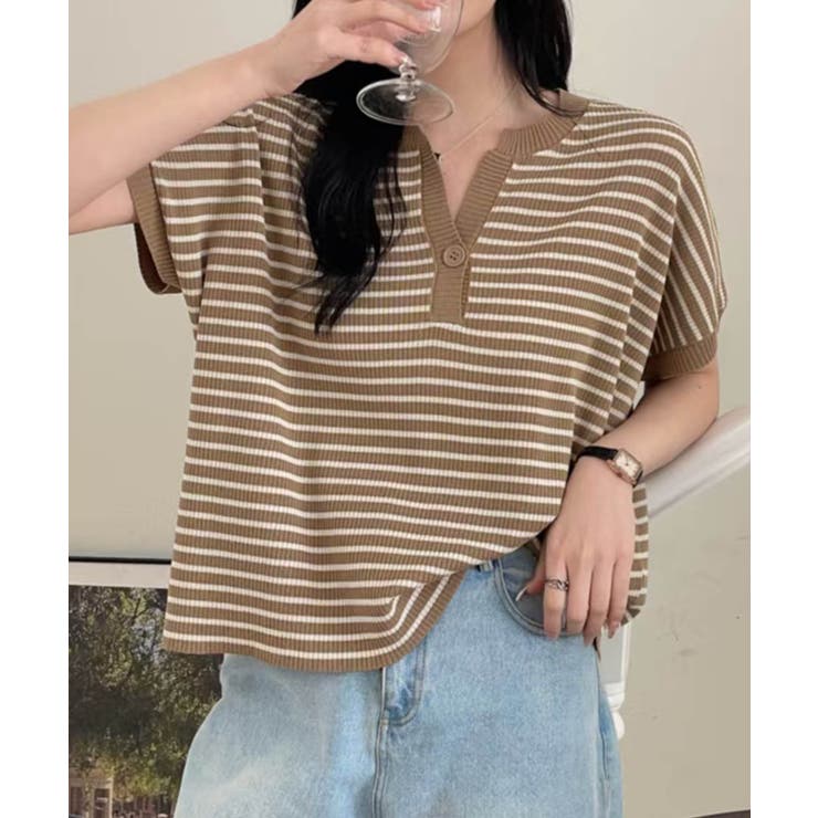 キャメル | 【aimoha】Yヘンリーネックボーダーリラックスプルオーバー | aimoha 