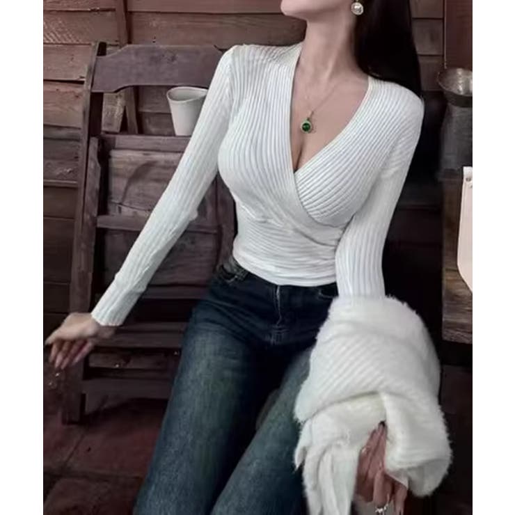 ホワイト | 【Jasmine】カシュクールリブニットトップス Jasmine Grandif… | aimoha 