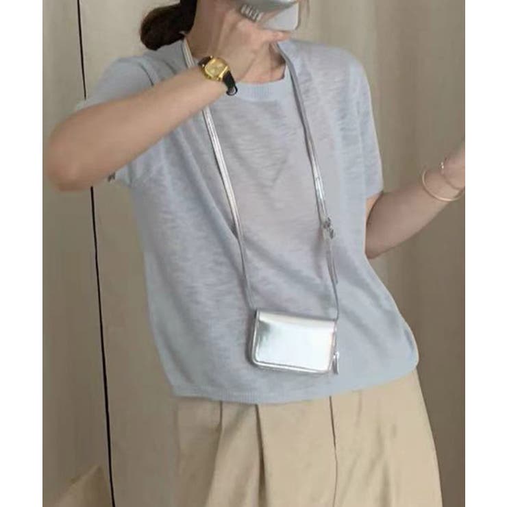 ブルー | シンプル半袖ニットトップス | aimoha 