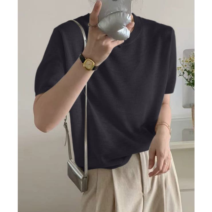 ダークグレー | シンプル半袖ニットトップス | aimoha 