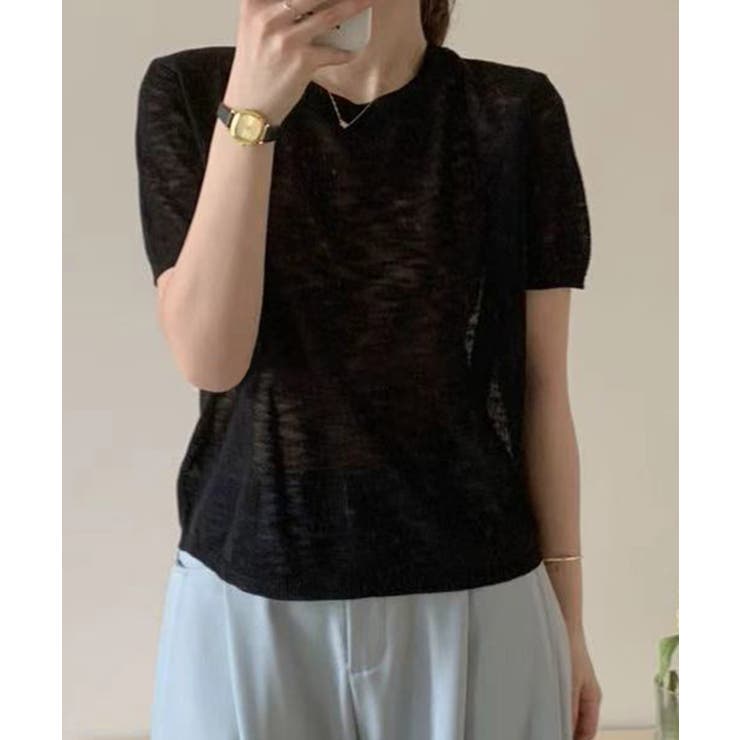 ブラック | シンプル半袖ニットトップス | aimoha 