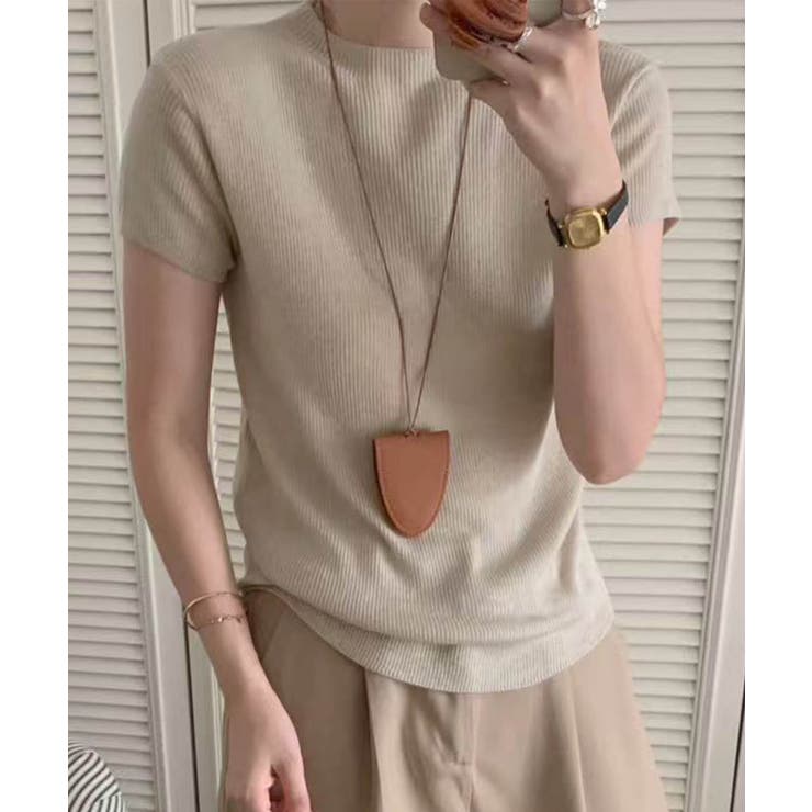 ベージュ | 【aimoha】バックボタンデザイン半袖ハイネックトップス | aimoha 