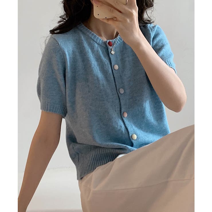 ブルー | 【aimoha】カラフルボタン ショートスリーブカーディガン 半袖 | aimoha 