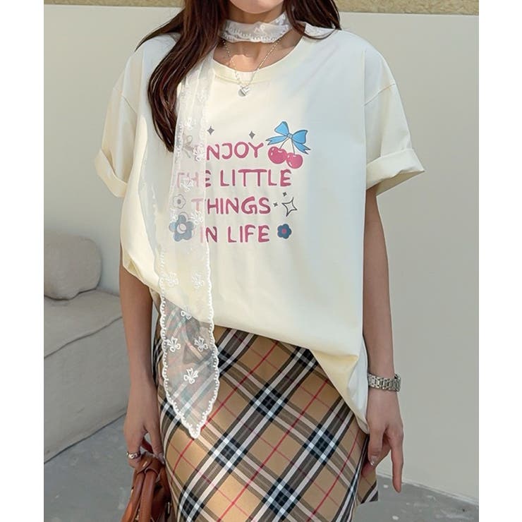 【aimoha】ロゴ＆チェリーイラストプリントTシャツ | aimoha  | 詳細画像1 