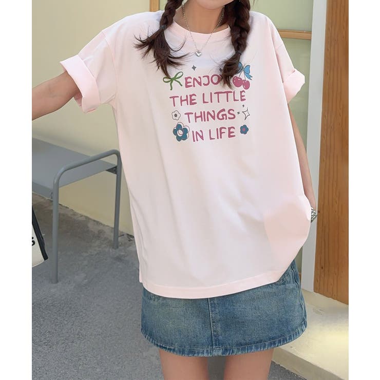 ピンク | 【aimoha】ロゴ＆チェリーイラストプリントTシャツ | aimoha 