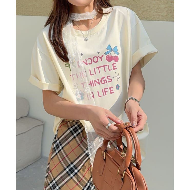 イエロー | 【aimoha】ロゴ＆チェリーイラストプリントTシャツ | aimoha 