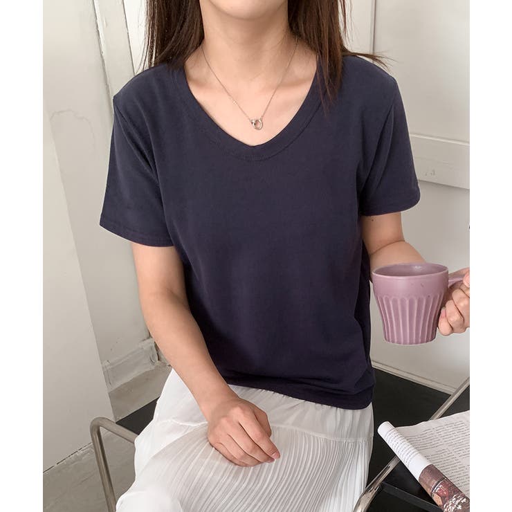 ネイビー | 【aimoha】デイリーコットン混VネックTシャツ | aimoha 