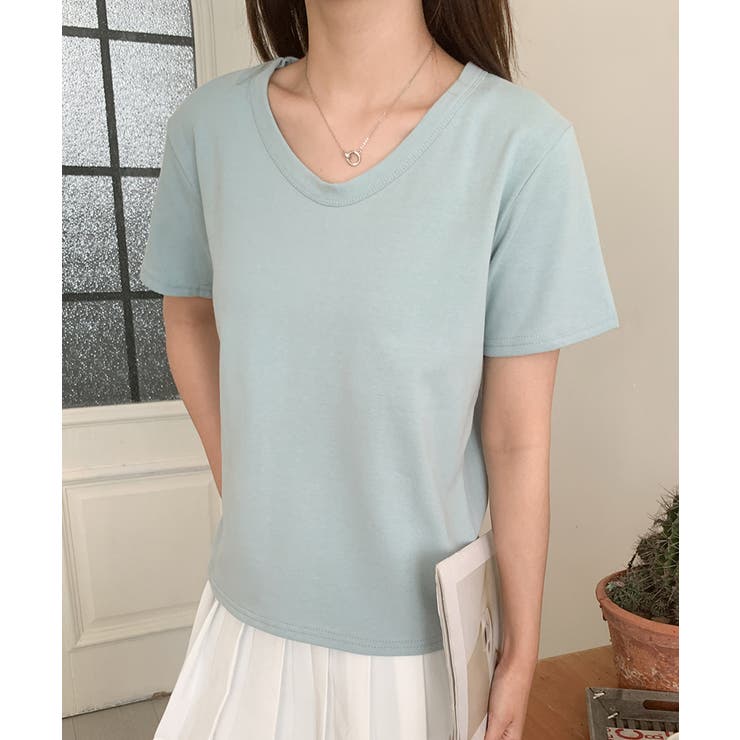 ブルー | 【aimoha】デイリーコットン混VネックTシャツ | aimoha 