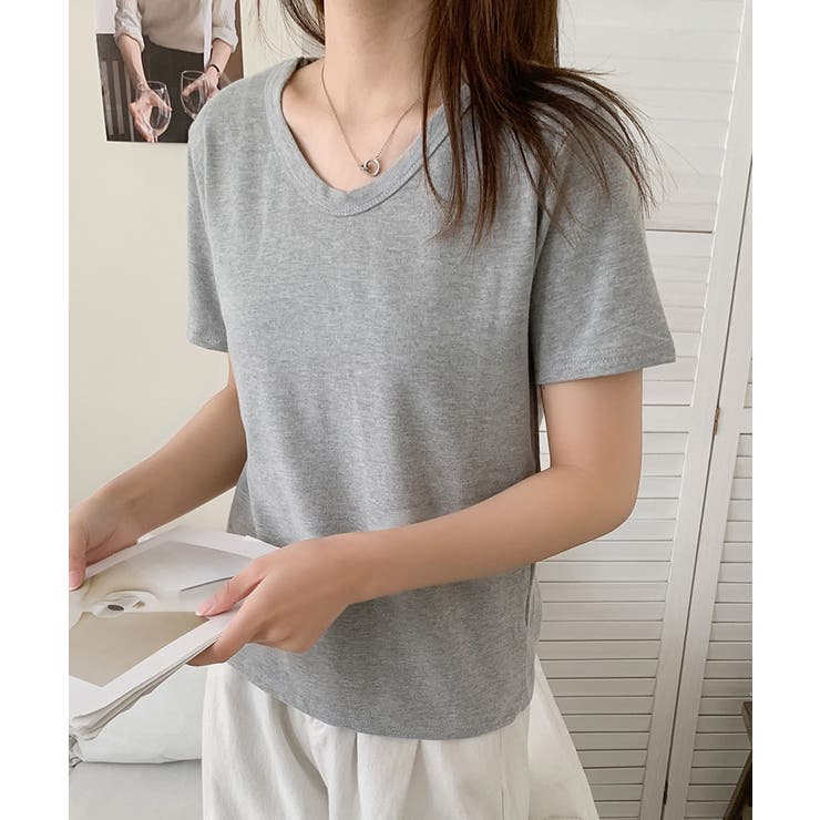 ライトグレー | 【aimoha】デイリーコットン混VネックTシャツ | aimoha 