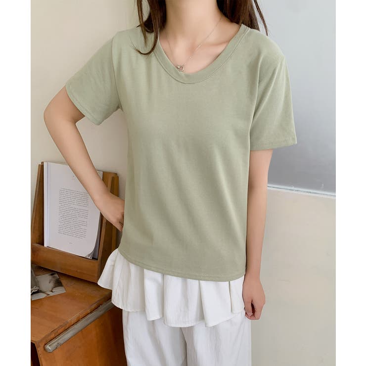 ライトグリーン | 【aimoha】デイリーコットン混VネックTシャツ | aimoha 