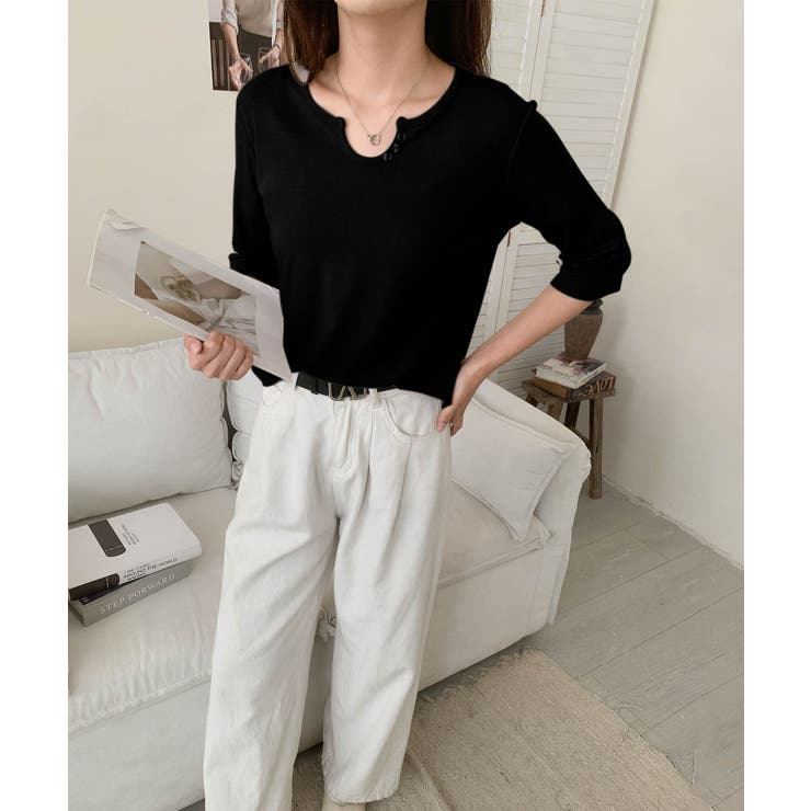 【aimoha】ボタン付きネック七分袖カットソー | aimoha  | 詳細画像8 