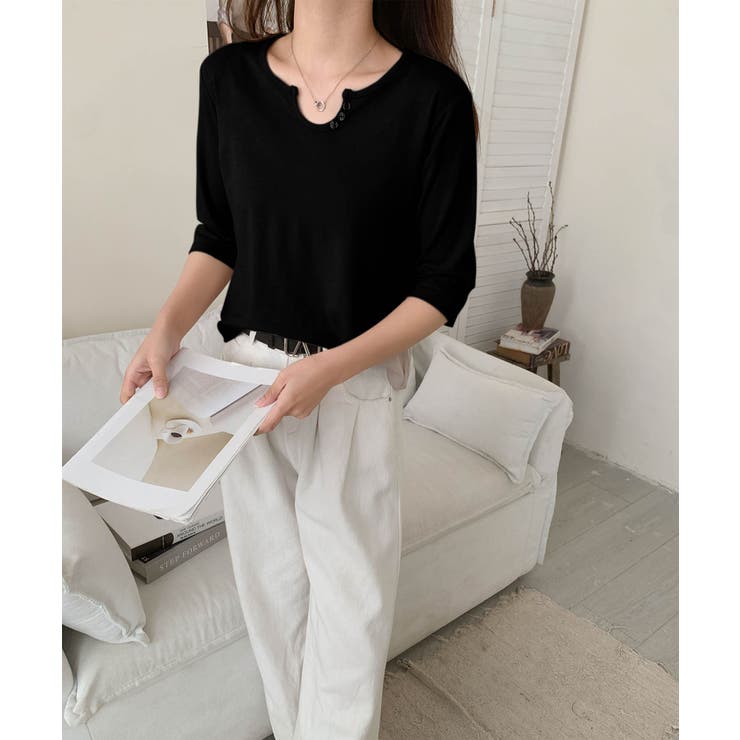 【aimoha】ボタン付きネック七分袖カットソー | aimoha  | 詳細画像9 