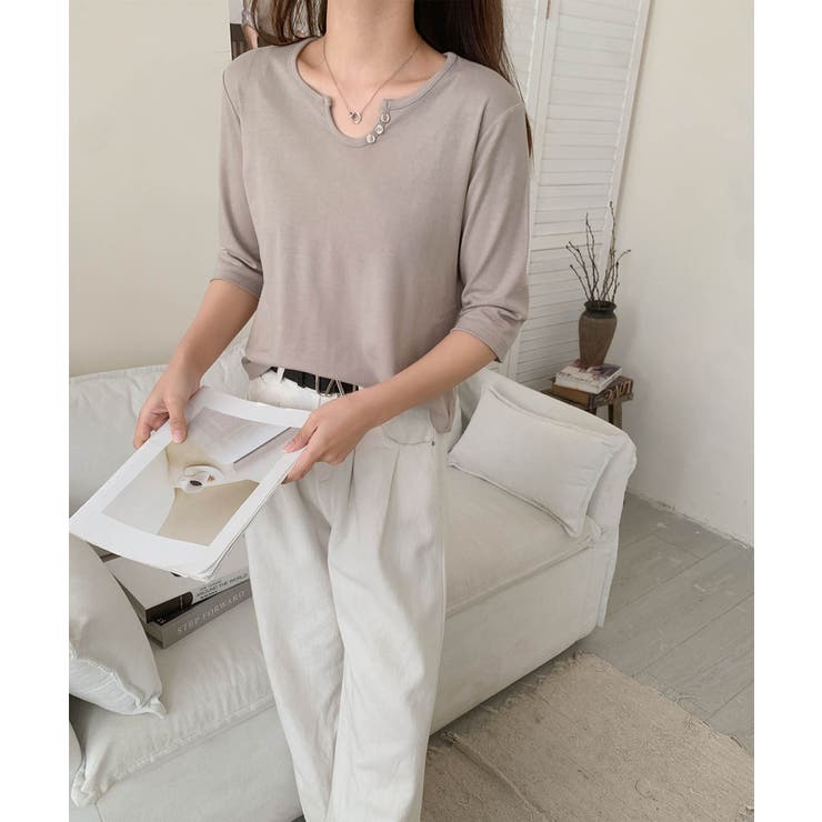 【aimoha】ボタン付きネック七分袖カットソー | aimoha  | 詳細画像12 