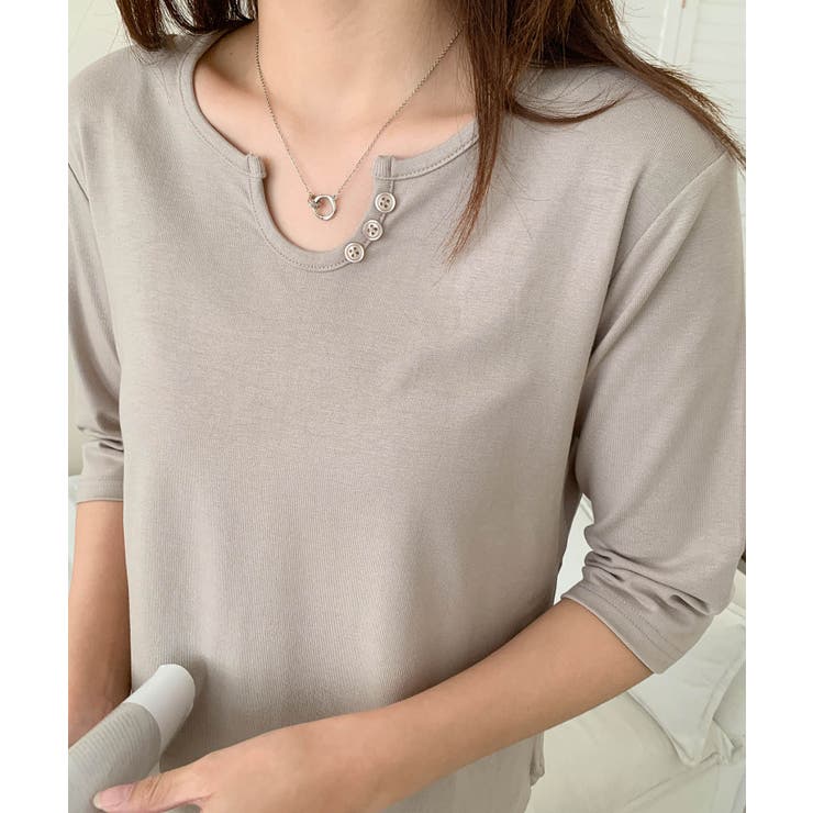 ベージュ | 【aimoha】ボタン付きネック七分袖カットソー | aimoha 