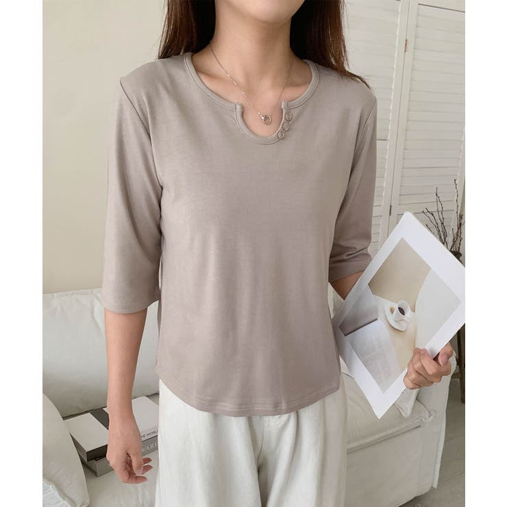 【aimoha】ボタン付きネック七分袖カットソー | aimoha  | 詳細画像14 