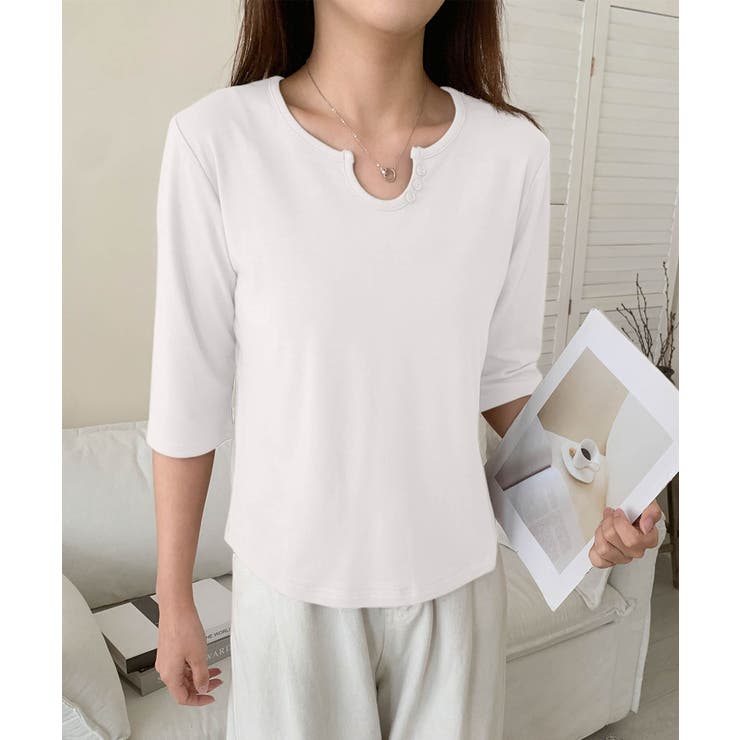 【aimoha】ボタン付きネック七分袖カットソー | aimoha  | 詳細画像17 