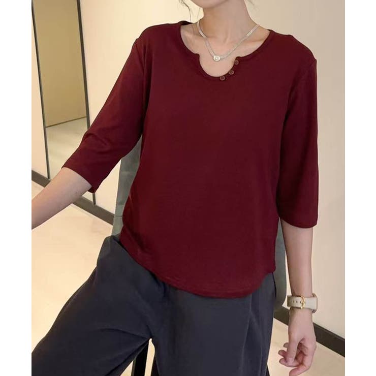 ワイン | 【aimoha】ボタン付きネック七分袖カットソー | aimoha 