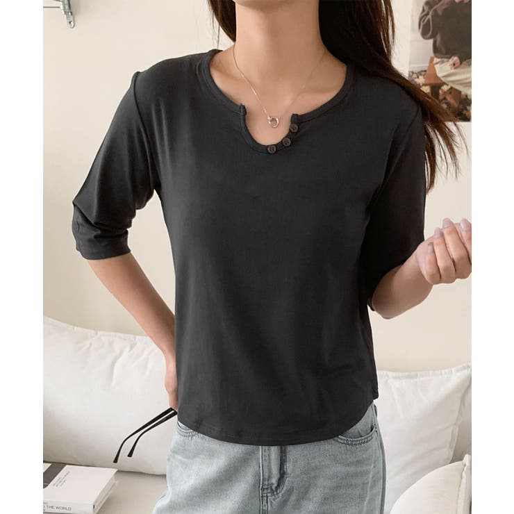 【aimoha】ボタン付きネック七分袖カットソー | aimoha  | 詳細画像4 