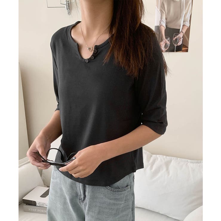 【aimoha】ボタン付きネック七分袖カットソー | aimoha  | 詳細画像5 