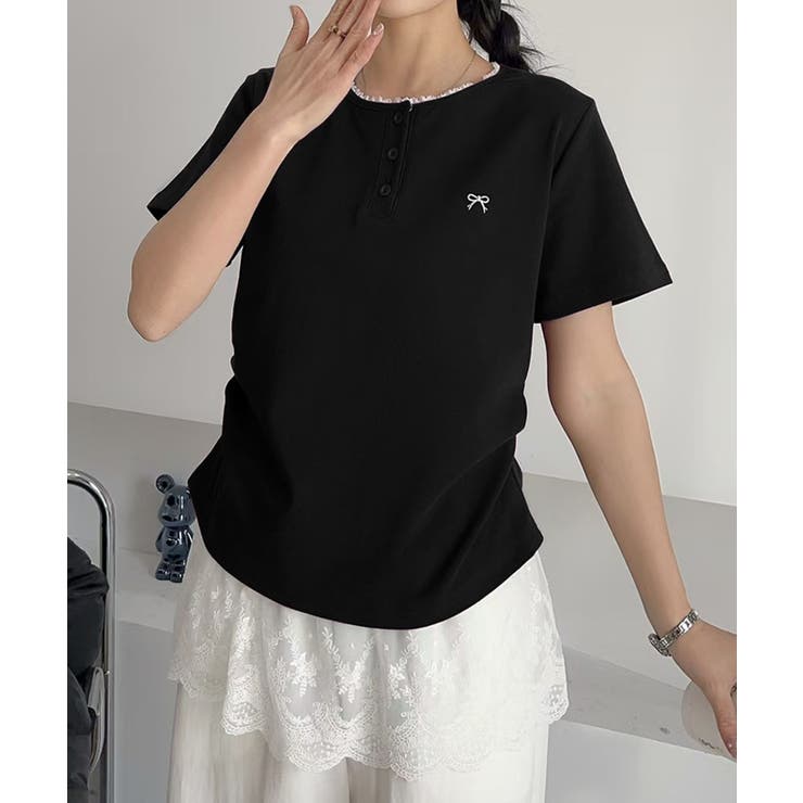 リボン刺繍Tシャツ[品番：XT000014370]｜aimoha （アイモハ）の