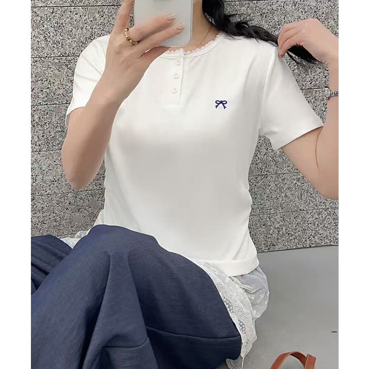 リボン刺繍Tシャツ[品番：XT000014370]｜aimoha （アイモハ）の