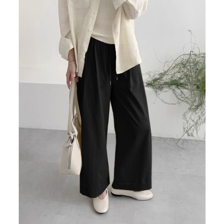 ブラック | ロールアップイージータックワイドパンツ | aimoha 