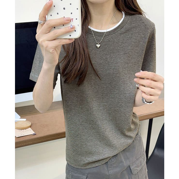 グレー | ネック配色シンプルTシャツ | aimoha 