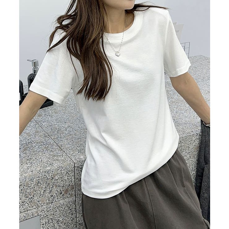 ホワイト | ネック配色シンプルTシャツ | aimoha 