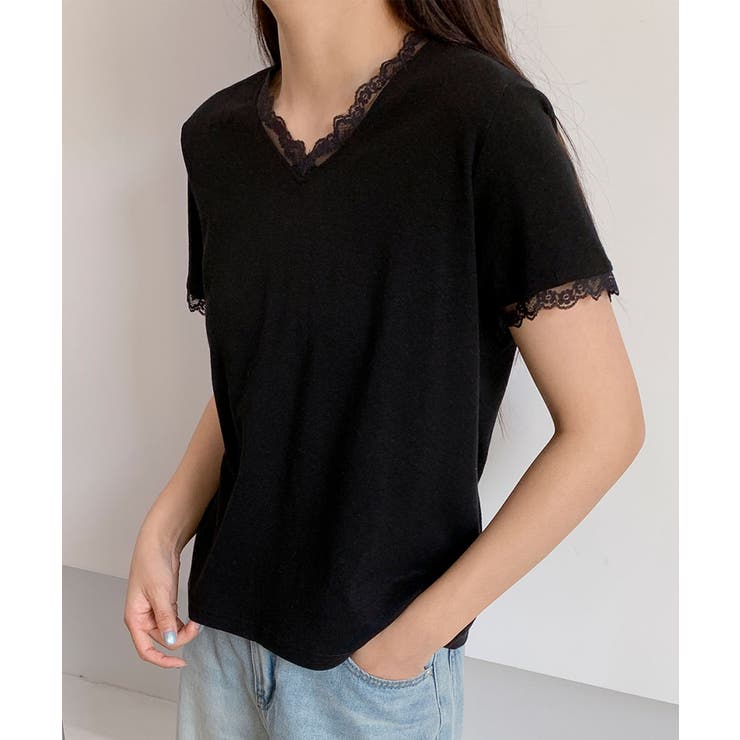 レーストリムVネックTシャツ[品番：XT000014384]｜aimoha （アイモハ