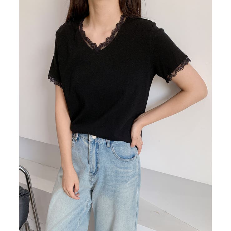 レーストリムVネックTシャツ[品番：XT000014384]｜aimoha （アイモハ