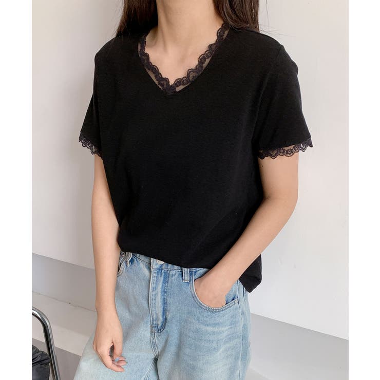 レーストリムVネックTシャツ[品番：XT000014384]｜aimoha （アイモハ