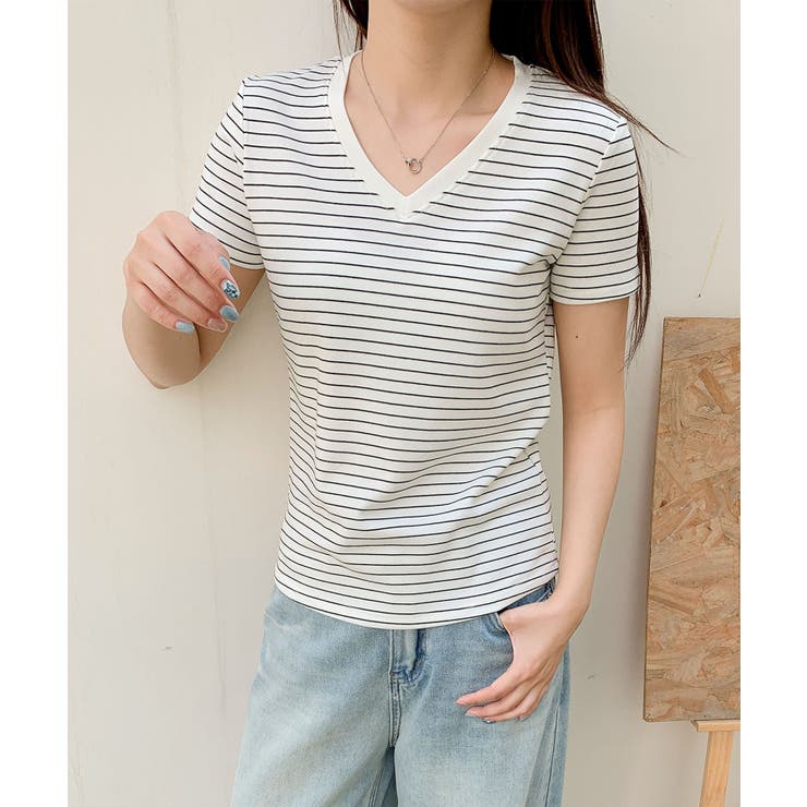 Vネック細ボーダーTシャツ | aimoha  | 詳細画像10 
