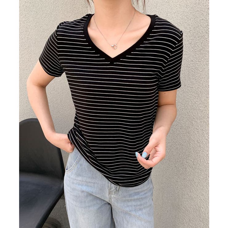 Vネック細ボーダーTシャツ | aimoha  | 詳細画像15 