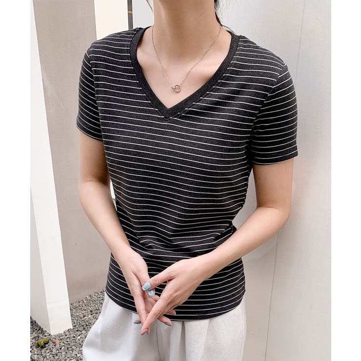 ダークグレー | Vネック細ボーダーTシャツ | aimoha 