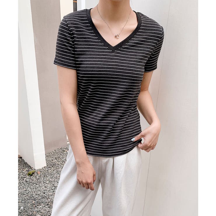 Vネック細ボーダーTシャツ | aimoha  | 詳細画像1 