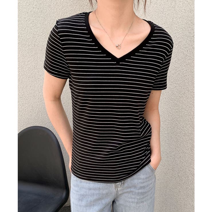 ブラック | Vネック細ボーダーTシャツ | aimoha 